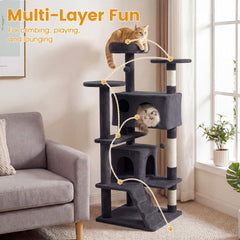52 Inch Dark Gray Cat Tree with Two Caves, Ramp and Anti Toppling Device