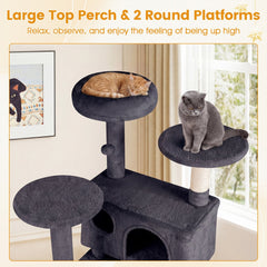 52 Inch Dark Gray Cat Tree with Two Caves, Ramp and Anti Toppling Device