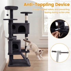 52 Inch Dark Gray Cat Tree with Two Caves, Ramp and Anti Toppling Device