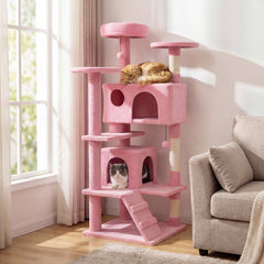 52 Inch Pink Cat Tree with Two Caves, Padded Top Perch and Sisal Scratching Posts