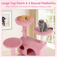 52 Inch Pink Cat Tree with Two Caves, Padded Top Perch and Sisal Scratching Posts