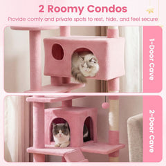 52 Inch Pink Cat Tree with Two Caves, Padded Top Perch and Sisal Scratching Posts