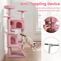 52 Inch Pink Cat Tree with Two Caves, Padded Top Perch and Sisal Scratching Posts