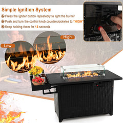 52 Inches Outdoor Wicker Gas Fire Pit Propane Fire Table with Cover-Black