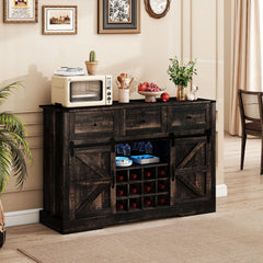 52 Inches Wine Bar Cabinet with LED Lights and Sliding Barn Doors-Black