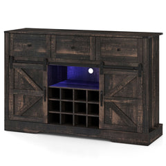 52 Inches Wine Bar Cabinet with LED Lights and Sliding Barn Doors-Black