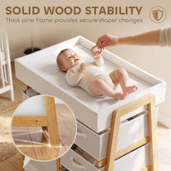 Baby Changing Table, Diaper Changing Station with Waterproof Pad, 3 Drawers and Large Basket for Newborn & Infant, White