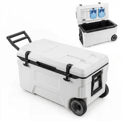 53 Quart Portable Rolling Cooler with Fish Ruler for Outdoor-White