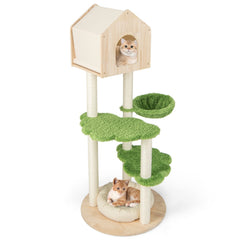 55 Inch Cat Tree with Pine Wood House, Cloud Platforms and Washable Floor Bed, Green