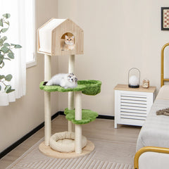 55 Inch Cat Tree with Pine Wood House, Cloud Platforms and Washable Floor Bed, Green