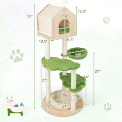 55 Inch Cat Tree with Pine Wood House, Cloud Platforms and Washable Floor Bed, Green