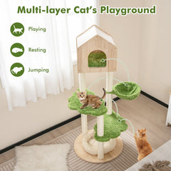 55 Inch Cat Tree with Pine Wood House, Cloud Platforms and Washable Floor Bed, Green