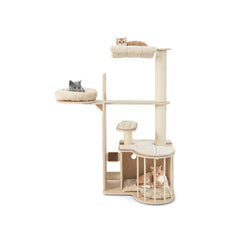 55 Inch Multi Level Cat Tree with Top Hammock, Fenced Condo and Self Groomer, Natural