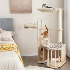 55 Inch Multi Level Cat Tree with Top Hammock, Fenced Condo and Self Groomer, Natural
