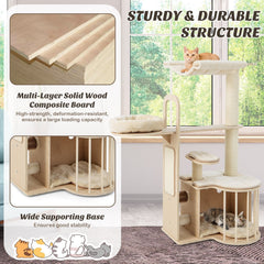 55 Inch Multi Level Cat Tree with Top Hammock, Fenced Condo and Self Groomer, Natural