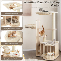 55 Inch Multi Level Cat Tree with Top Hammock, Fenced Condo and Self Groomer, Natural