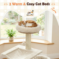 55 Inch Solid Rubber Wood Cat Tree with Condo, 18 Inch Hammock and Sisal Posts, Beige