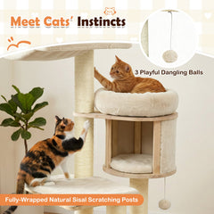 55 Inch Solid Rubber Wood Cat Tree with Condo, 18 Inch Hammock and Sisal Posts, Beige