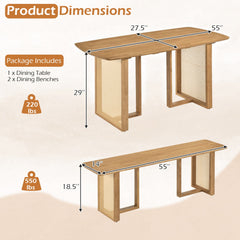 55” Solid Rubber Wood Dining Table Set Boho Rectangular Dining Table with 2 Benches-Natural