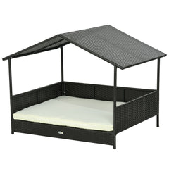 Rattan Dog House with Canopy, Wicker Dog Bed with Water-Resistant Cushion, for Small and Medium Breeds Blue