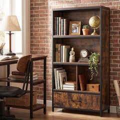 56 inches Tall Freestanding Bookcase with Drawer 5 Tier-RusticBrown