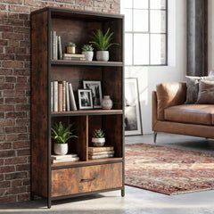 56 inches Tall Freestanding Bookcase with Drawer 5 Tier-RusticBrown