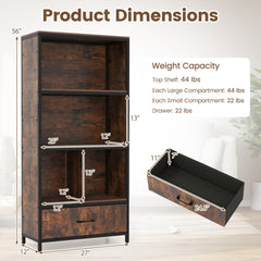 56 inches Tall Freestanding Bookcase with Drawer 5 Tier-RusticBrown