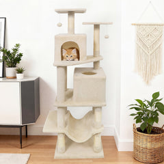 57 Inch Cat Tree with Dual Condos, Skylight, Hammock and Two Perches, Beige
