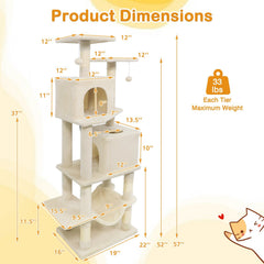 57 Inch Cat Tree with Dual Condos, Skylight, Hammock and Two Perches, Beige