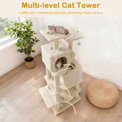 57 Inch Cat Tree with Dual Condos, Skylight, Hammock and Two Perches, Beige