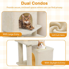 57 Inch Cat Tree with Dual Condos, Skylight, Hammock and Two Perches, Beige