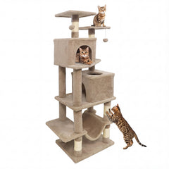 57 Inch Coffee Cat Tree with Two Condos, Slung Hammock and Wear Resistant Sisal Posts