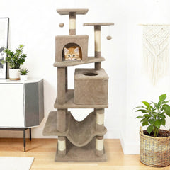 57 Inch Coffee Cat Tree with Two Condos, Slung Hammock and Wear Resistant Sisal Posts