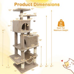 57 Inch Coffee Cat Tree with Two Condos, Slung Hammock and Wear Resistant Sisal Posts
