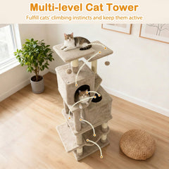 57 Inch Coffee Cat Tree with Two Condos, Slung Hammock and Wear Resistant Sisal Posts