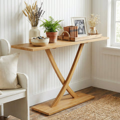 57 Inch Solid Wood Console Table with Teak Wood Frame and Geometric Design