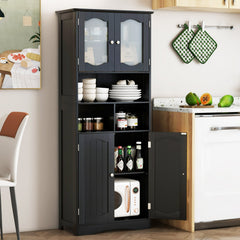 58.5 Inch Freestanding Linen Bathroom Storage Cabinet with Frost Glass Doors-Black