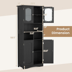 58.5 Inch Freestanding Linen Bathroom Storage Cabinet with Frost Glass Doors-Black