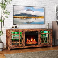 58 inches Fireplace TV Stand with LED Lights and 18 inches Electric Fireplace-Rustic Brown