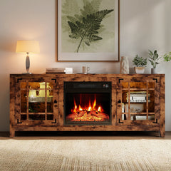 58 inches Fireplace TV Stand with LED Lights and 18 inches Electric Fireplace-Rustic Brown