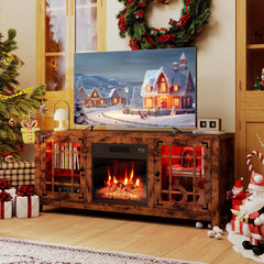 58 inches Fireplace TV Stand with LED Lights and 18 inches Electric Fireplace-Rustic Brown