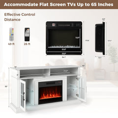 58 Inch Fireplace TV Stand with LED Lights with Storage Cabinets and Glass Doors-White