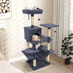 58 Inch Grey Cat Tree with Deep Upholstered Perch, Private Condo and Slung Hammock