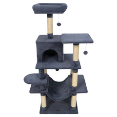 58 Inch Grey Cat Tree with Deep Upholstered Perch, Private Condo and Slung Hammock