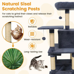 58 Inch Grey Cat Tree with Deep Upholstered Perch, Private Condo and Slung Hammock
