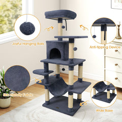 58 Inch Grey Cat Tree with Deep Upholstered Perch, Private Condo and Slung Hammock