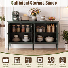 58 inches Vintage Buffet Cabinet with Pine Wood Legs and Adjustable Shelves for Kitchen-Green