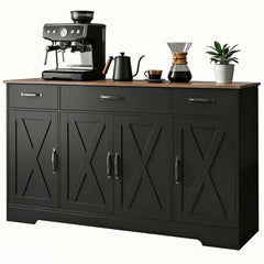Sideboard Buffet Cabinet, 55" Farmhouse Kitchen Cabinet with 4 Barn Doors, 3 Drawers, 3 Adjustable Shelves, Black
