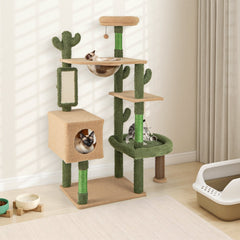 59 Inch Cactus Cat Tree with Space Capsule, Condo, Self Groomer and Sisal Mat, Green