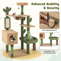 59 Inch Cactus Cat Tree with Space Capsule, Condo, Self Groomer and Sisal Mat, Green